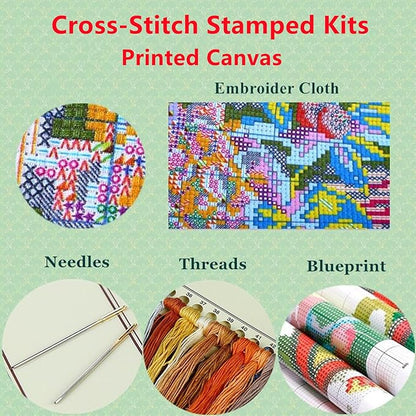 Lovxvouy Pillow Cross Stitch Kits for Adults Beginners-Preprinted Needlepoint Kit Stamped Crossstitching Kits 11CT Cross-Stitch Kit Stitches Kit Embroidery Kits-A cat with pearl earrings 18x18 inchs