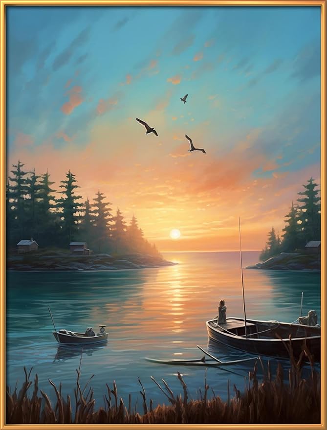 Leczany Cross Stitch Stamped Kit for Beginner - Beautiful Scenery by The Lake | DIY Embroidery Starter Patterns Craft Kit Needlepoint for Adults | 11CT, 3 Strands | 13x16.9 inches