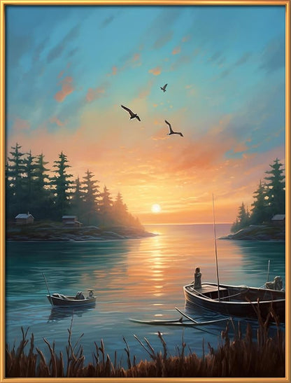 Leczany Cross Stitch Stamped Kit for Beginner - Beautiful Scenery by The Lake | DIY Embroidery Starter Patterns Craft Kit Needlepoint for Adults | 11CT, 3 Strands | 13x16.9 inches