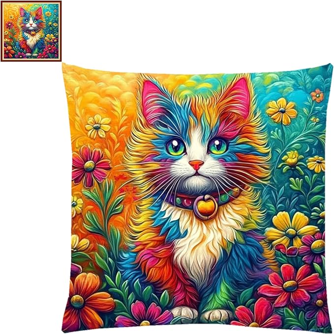 Lovxvouy Pillow Cross Stitch Kits for Adults Beginners-Preprinted Needlepoint Kit Stamped Crossstitching Kits 11CT Cross-Stitch Kit Stitches Kit Embroidery Kits-Colorful Cat Flowers 18x18 inchs