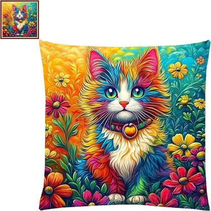 Lovxvouy Pillow Cross Stitch Kits for Adults Beginners-Preprinted Needlepoint Kit Stamped Crossstitching Kits 11CT Cross-Stitch Kit Stitches Kit Embroidery Kits-Colorful Cat Flowers 18x18 inchs