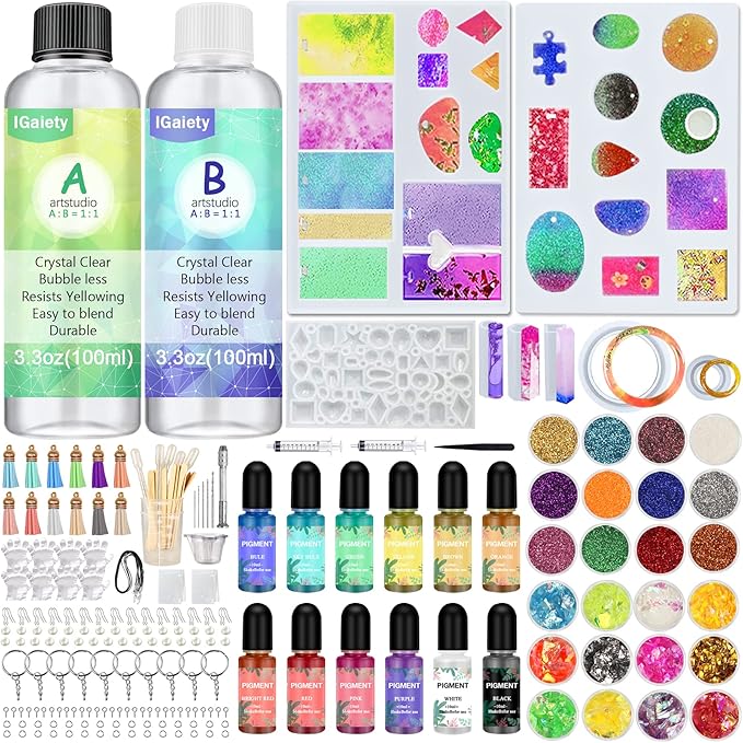 IGaiety Resin Jewelry Making Kit 240 Pcs Silicone Epoxy Resin Mold Keychain Starter Kit Bundle with Epoxy Molds and Pigments Tools for Beginners Adults Jewelry Earring Making