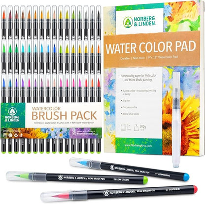 Norberg & Linden Real Waterbrush Set - 48 Watercolor Paint Markers, 1 Refillable Water Brush, Painting Pad - Nylon Tips for Drawing & Calligraphy - Coloring Pens for Professional & Beginner Artists