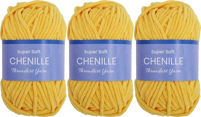 Threadart 3 Pack Super Soft Chenille Yarn for Crocheting, Knitting, Amigurumi, 50 Gram 60 yds #5 Fluffy Yarn Skeins - Bright Yellow