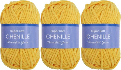 Threadart 3 Pack Super Soft Chenille Yarn for Crocheting, Knitting, Amigurumi, 50 Gram 60 yds #5 Fluffy Yarn Skeins - Bright Yellow