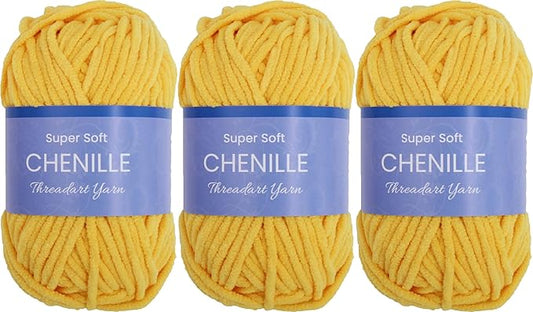 Threadart 3 Pack Super Soft Chenille Yarn for Crocheting, Knitting, Amigurumi, 50 Gram 60 yds #5 Fluffy Yarn Skeins - Bright Yellow