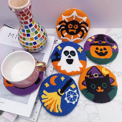 Halloween Punch Needl Kit for Adults Beginners, Easy Embroidery Punch Coaster Starter Set with Instruction – Fun Needle Point Craft for Table Decor & Festival DIY Gifts (6pcs Spooky)