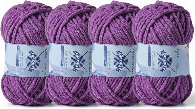Chunky Chenille Yarn for Crocheting，Baby Yarn for Crocheting Soft Blankets，Bulky Yarns for Crochet Amigurumi，4×100g (4×74.3yds) Fluffy Velvet Yarns for Hand Knitting (4 Purple)