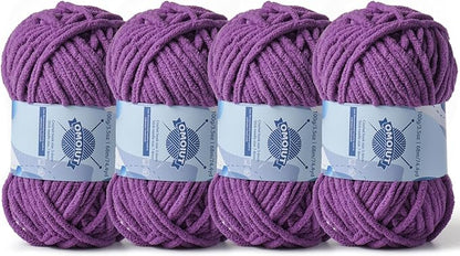 Chunky Chenille Yarn for Crocheting，Baby Yarn for Crocheting Soft Blankets，Bulky Yarns for Crochet Amigurumi，4×100g (4×74.3yds) Fluffy Velvet Yarns for Hand Knitting (4 Purple)