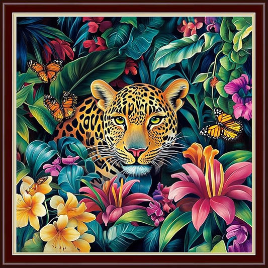 Dimensean Stamped Cross Stitch Kits Full Range of Embroidery Patterns Starter Kits for Beginners Adult DIY Cross Stitches Needlepoint Kits 11CT-Leopard in Flowers 18x18 inch