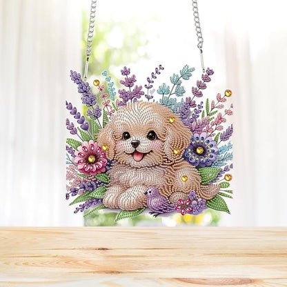 AiYuanzsh 5D Diamond Painting Hanging Pendant Kit with Chain, Cute Dog DIY Crystal Rhinestone Diamond Art Suncatcher Ornament for Window, Door, Wall, Home Decor Gift (25.2x23.8 cm)