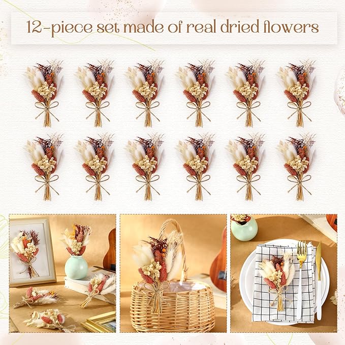 Nuanchu 12 Pcs Mini Dried Flower Bouquet 6" Natural Small Dried Flower with Stem for Birthday DIY Crafts Scrapbook Vase Boho Party Plates Cake Bridesmaid Gifts Card Envelope Decor(Fall)