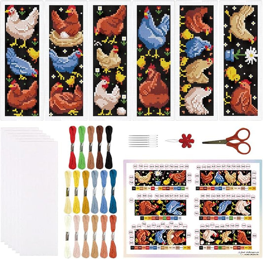 ORIGACH 6 Set Chicken Cross Stitch Bookmark Kit for Beginner with Backing Felt Floss Instructions DIY Stamped Embroidery Bookmark Kit for Adults, Book Lovers
