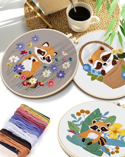 TINDTOP 3 Pack Embroidery Kit for Adult Beginners, Embroidery DIY Starter Kit, with Raccoon Stamped Patterns, Hoop, Tools, Colorful Threads with Needles, Instructions