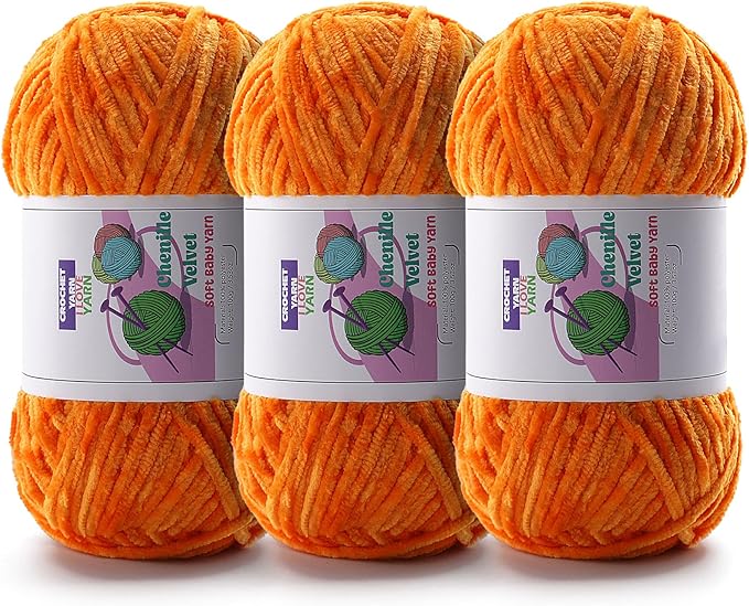 3 Skeins Soft Fluffy Velvet Yarn, Chenille Chunky Yarn for Hand Knitting and Crocheting DIY Craft, Amigurumi Crochet Yarns（3×196.8yds, 3×3.5oz） (Orange)