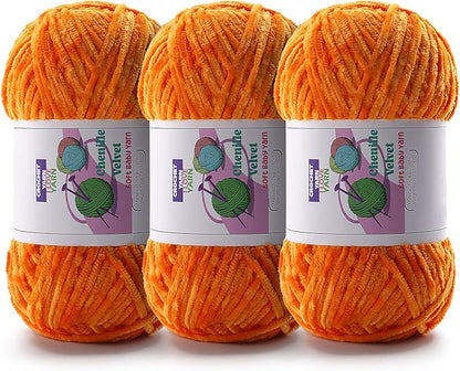 3 Skeins Soft Fluffy Velvet Yarn, Chenille Chunky Yarn for Hand Knitting and Crocheting DIY Craft, Amigurumi Crochet Yarns（3×196.8yds, 3×3.5oz） (Orange)
