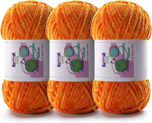 3 Skeins Soft Fluffy Velvet Yarn, Chenille Chunky Yarn for Hand Knitting and Crocheting DIY Craft, Amigurumi Crochet Yarns（3×196.8yds, 3×3.5oz） (Orange)