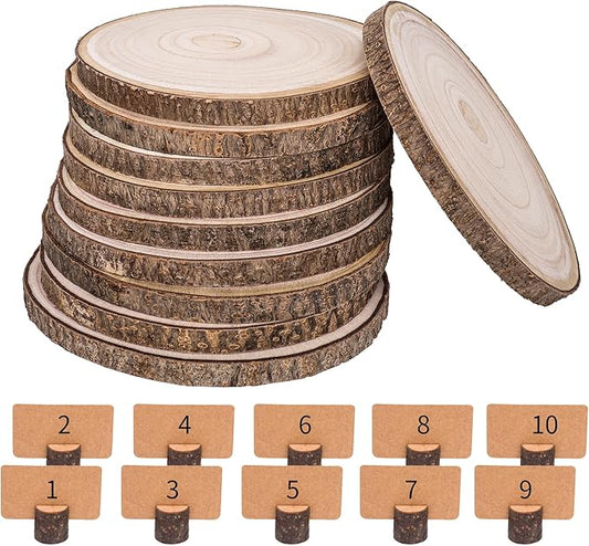 Natural Round Wood Slices 10 Pack 8-9 inches Unfinished Wood kit Circles DIY Crafts Wood Ornament Discs with 10 PCS Cards and 10 PCS Wood Table Number Card Holders for Wedding Centerpiece