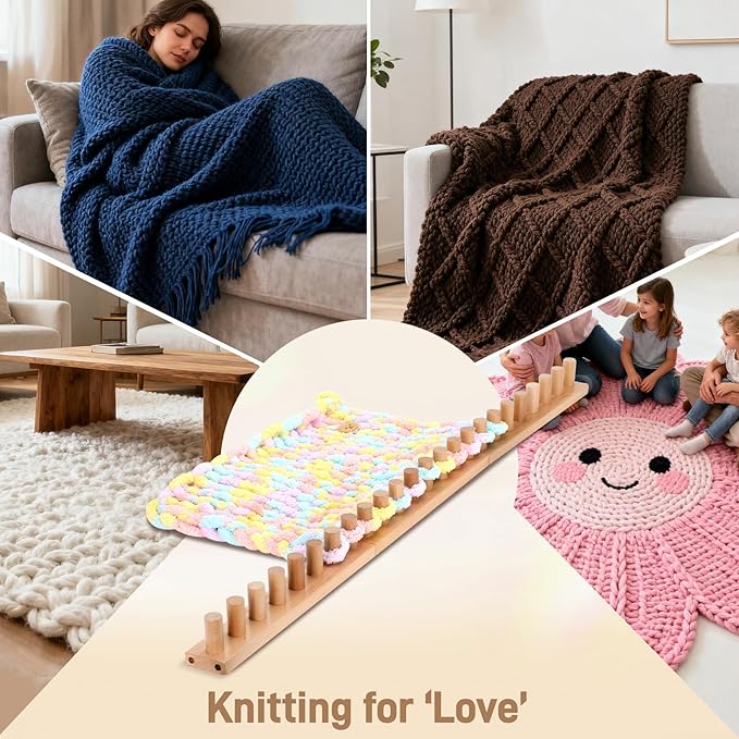 Sienson 63" Chunky Knitting Loom for Blanket Making – Adjustable Wood Frame, Portable DIY Hand Knitting Kit for Beginners, Reusable Blanket Loom for Bulky Yarn Crafts & Gifts