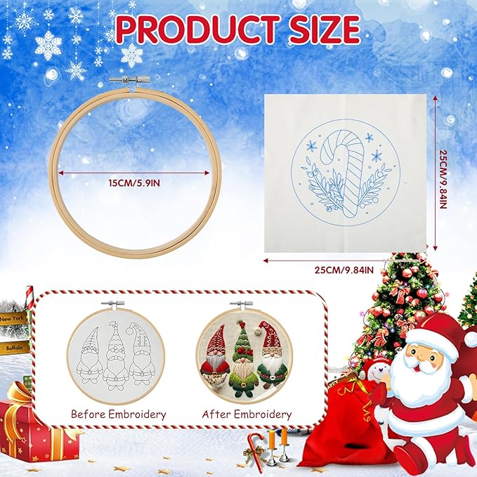 Christmas Embroidery Kit, DIY Hand Embroidery Kit, Beginner Embroidery Kit for Adults, Embroidery Christmas Ornament Kits (C)