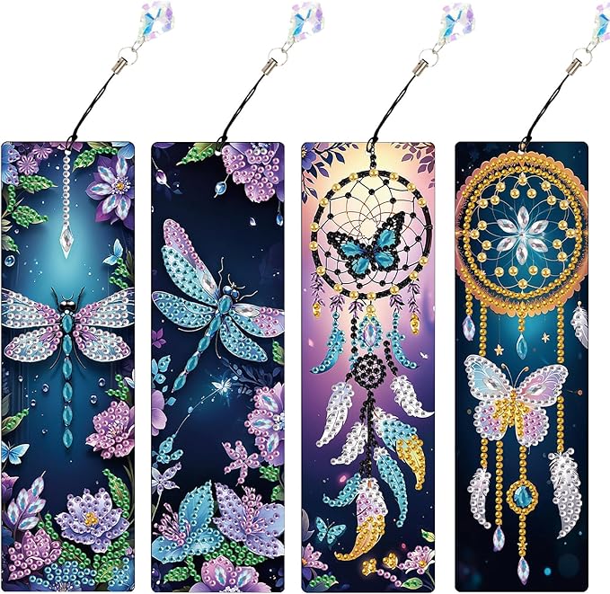 4 Pack Diamond Painting Bookmarks, 5D Dreamcatcher Butterfly Dragonfly Diamond Art Bookmark Kit with Tassels, DIY Beaded Rhinestone Book Mark Craft for Adults Beginners Reading Gift
