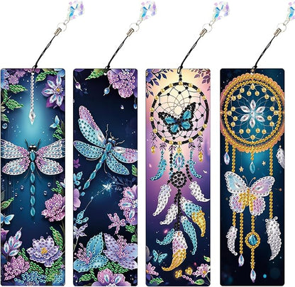 4 Pack Diamond Painting Bookmarks, 5D Dreamcatcher Butterfly Dragonfly Diamond Art Bookmark Kit with Tassels, DIY Beaded Rhinestone Book Mark Craft for Adults Beginners Reading Gift
