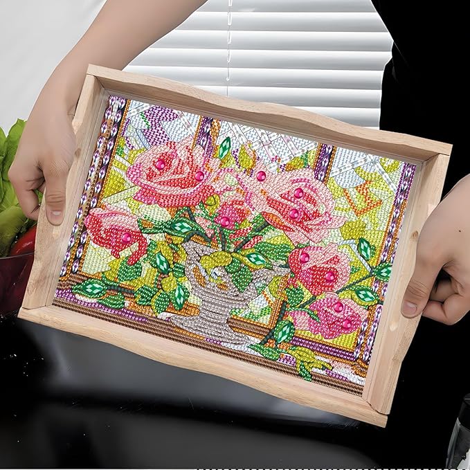 DIY Diamond Art Wooden Tray Kit, Food Tray with Handle, Diamond Painted Table Decoration for Breakfast, Bar Dinner Table, Diamond Dots Gem Painting Art Set for Beginners (#06-Rose)
