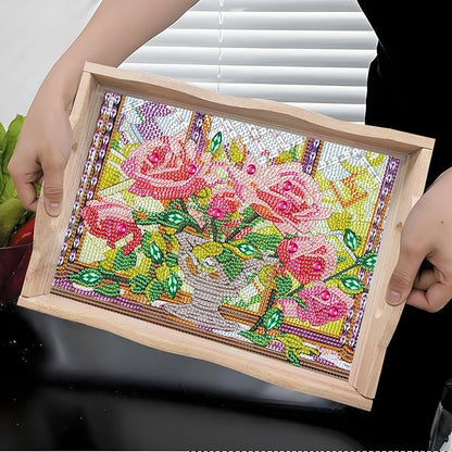 DIY Diamond Art Wooden Tray Kit, Food Tray with Handle, Diamond Painted Table Decoration for Breakfast, Bar Dinner Table, Diamond Dots Gem Painting Art Set for Beginners (#06-Rose)