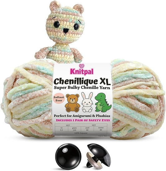 Chenillique XL Super Bulky Chenille Yarn – 100g Skein (88 Yards) + Safety Eyes + Free Plushie Pattern – Plush Polyester Yarn for Amigurumi, Crochet & Knitting - Beach Sand