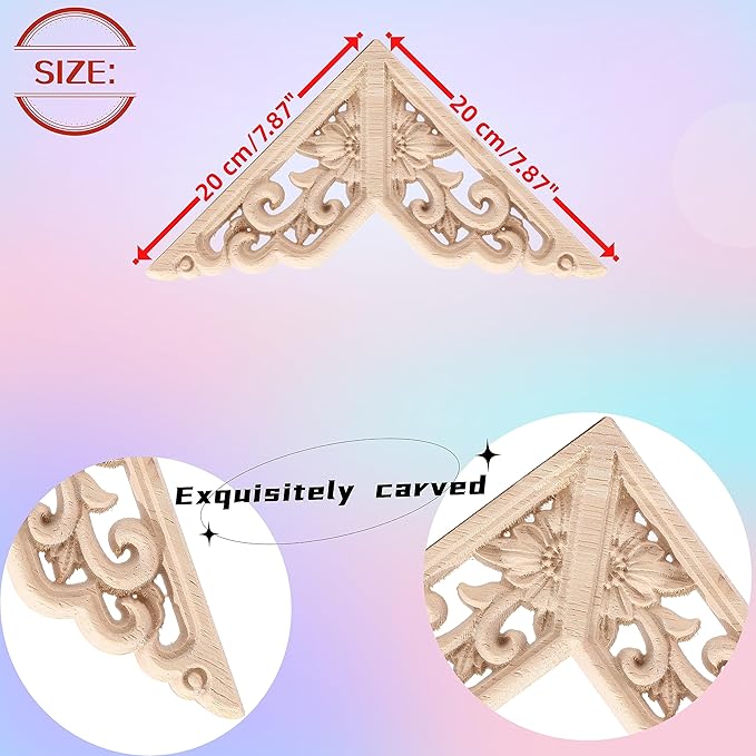 4PCS Corner Wooden Carving Decal Unpainted Wood Appliques Onlays DIY Wood Carved Furniture Appliques Onlays for Wall Bed Door Wardrobe Cabinet Furniture Decoration(04,20x20cm/7.87x7.87inch)