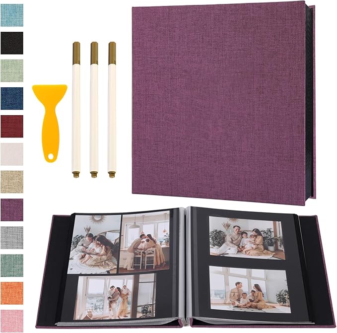 Photo Album Self Adhesive Pages Black Sticky Pages Large Scrapbook Linen Cover for 4x6 5x7 8x10 Pictures Album de Fotos Wedding Couples Baby Family Memory Book, 13.2x12.8 Purple 120 Pages