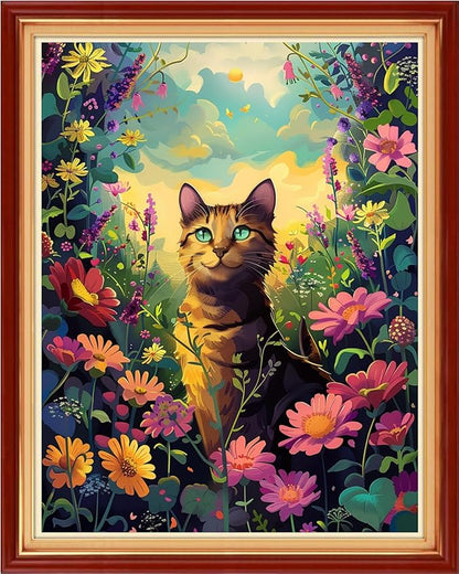 Foxhool Stamped Cross Stitch Kits,11CT Printed Cross Stitch Pattern Full Embroidery Kits for Beginner Needlepoint Kits-Flower Cat 16x20 inch