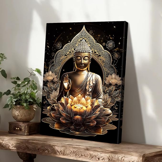 WENGTIAO Black Gold Buddha Framed Canvas Wall Art Zen Lotus Spiritual Relax Wall Pictures for Bathroom Living Room Bedroom Buddhist Meditation Canvas Paintings Prints Wall Decor Artwork 12x16 inch