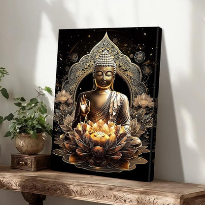 WENGTIAO Black Gold Buddha Framed Canvas Wall Art Zen Lotus Spiritual Relax Wall Pictures for Bathroom Living Room Bedroom Buddhist Meditation Canvas Paintings Prints Wall Decor Artwork 12x16 inch