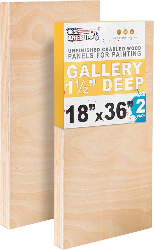 U.S. Art Supply 18" x 36" Unfinished Cradled Wood Panels for Painting, Gallery 1-1/2" Deep (2 Pack) - Artist Depth Wooden Wall Canvases - Mixed-Media Craft, Acrylic, Oil, Encaustic, Paint Pouring