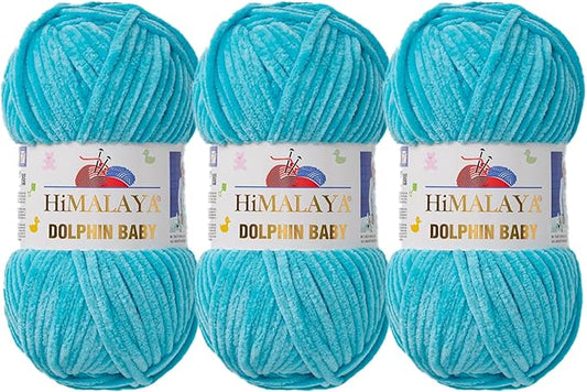 3 Skein/Pack Himalaya Dolphin Baby Chenille Yarn, Each Ball 100 gr (3.5 oz), 120 m (132 Yards), 100% Polyester, Super Bulky Baby Blanket Velvet Amigurumi Yarn, 80315 - Cyan