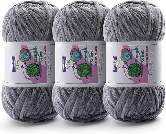 3 Skeins Soft Fluffy Velvet Yarn, Chenille Chunky Yarn for Hand Knitting and Crocheting DIY Craft, Amigurumi Crochet Yarn（3×196.8yds, 3×3.5oz） (Light Gray)