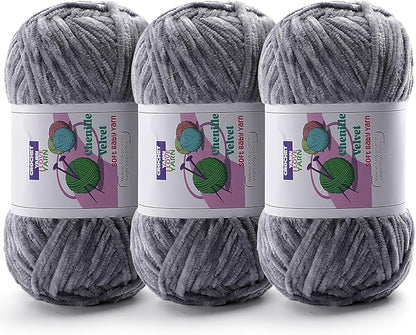 3 Skeins Soft Fluffy Velvet Yarn, Chenille Chunky Yarn for Hand Knitting and Crocheting DIY Craft, Amigurumi Crochet Yarn（3×196.8yds, 3×3.5oz） (Light Gray)