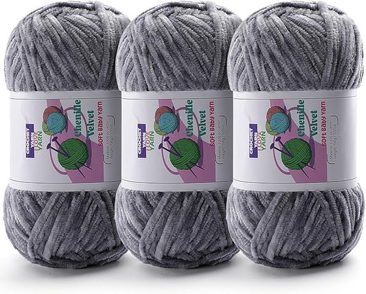 3 Skeins Soft Fluffy Velvet Yarn, Chenille Chunky Yarn for Hand Knitting and Crocheting DIY Craft, Amigurumi Crochet Yarn（3×196.8yds, 3×3.5oz） (Light Gray)