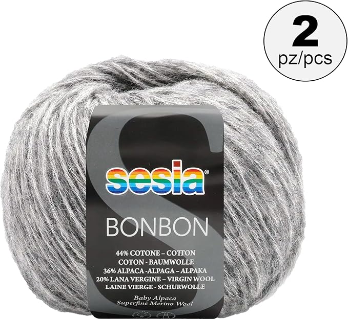 2 Skeins, Baby Alpaca, Superfine Merino Wool, Cotton, 458 Yds/3.5 oz., Needles US 6-7, Sesia Bon Bon (2, Gray - 0461)