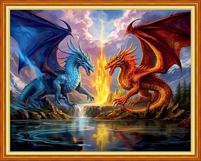 Foxhool Stamped Cross Stitch Kits,11CT Printed Cross Stitch Pattern Full Embroidery Kits for Beginner Needlepoint Kits-Two Dragons 16x20 inch