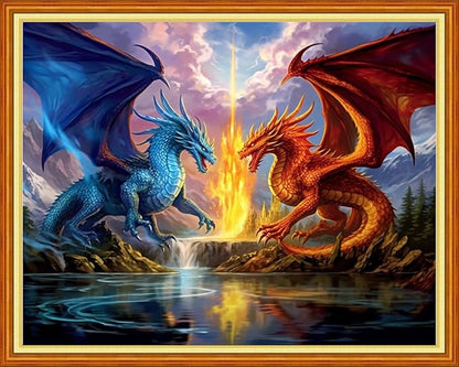Foxhool Stamped Cross Stitch Kits,11CT Printed Cross Stitch Pattern Full Embroidery Kits for Beginner Needlepoint Kits-Two Dragons 16x20 inch