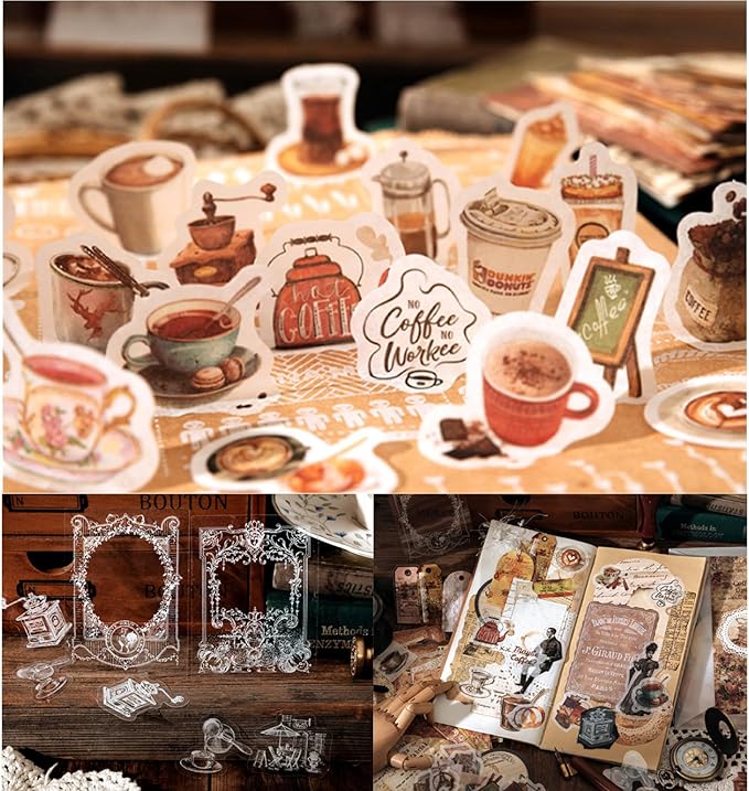 200PCS Vintage Scrapbooking Supplies Pack for Junk Journal Planners Decoupage Paper Scrapbook Stickers Aesthetic Cottagecore Collage Craft Album (Coffee)
