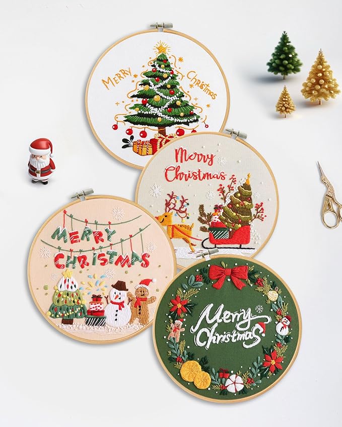Santune 4 pcs Christmas Embroidery kit with Patterns Instructions Needlepoint Cross Stitch Kits for Beginners Adult,4 Embroidery,2 Hoops,Colored Threads Scissors and Needles,Merry Christmas