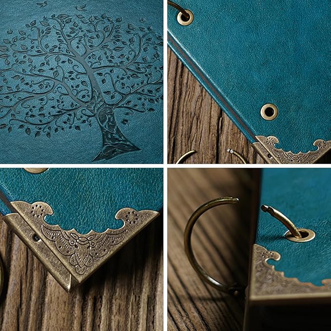 ADVcer Photo Album DIY Scrapbook, 10x10 inch 50 Pages Vintage Leather Cover Three-Ring Binder Family Picture Booth Albums with 408pcs Self Adhesive Photos Corners for Memory Keep, Tree (Jasper Green)
