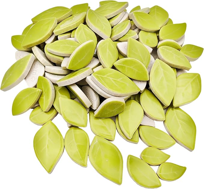 500g/1.1lb Leaf-Shaped Ceramic Mosaic Tiles,Ceramic Mosaic Pieces for Crafts,Mosaic Tiles for Home Decoration or DIY Crafts,Mosaic Making Supplies. (Yellowish Green)