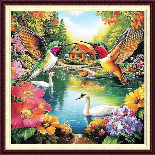 DMCCRAFT Stamped Cross Stitch Kits for Adults 11CT Printed Cross-Stitch Patterns Embroidery Kits Easy Cross Stitching Needlepoint Kits&Hummingbird Swan 18x18 inch