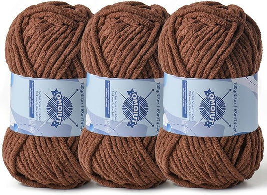 Chunky Chenille Yarn for Crocheting，Baby Yarn for Crocheting Soft Blankets，Bulky Yarns for Crochet Amigurumi，3×100g (3×74.3yds) Fluffy Velvet Yarns for Hand Knitting (3 Coffee)