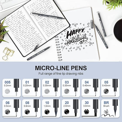 Mogyann Drawing Pens Black Art Pens for Drawing 12 Size Waterproof Ink Pens for Artists Sketching, Manga, Writing