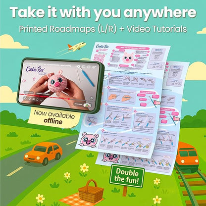 Cookie Box Crochet Kit for Beginners – Gift Set to Make Pig Mimi Amigurumi Plushie – Easy DIY Crochet & Knitting Starter Kit with Printed Instructions & Step-by-Step Video Tutorial